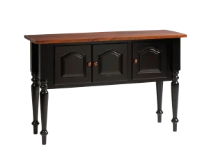 Amish Olympia server in black with raised-panel doors, turned legs, and a wood top.
