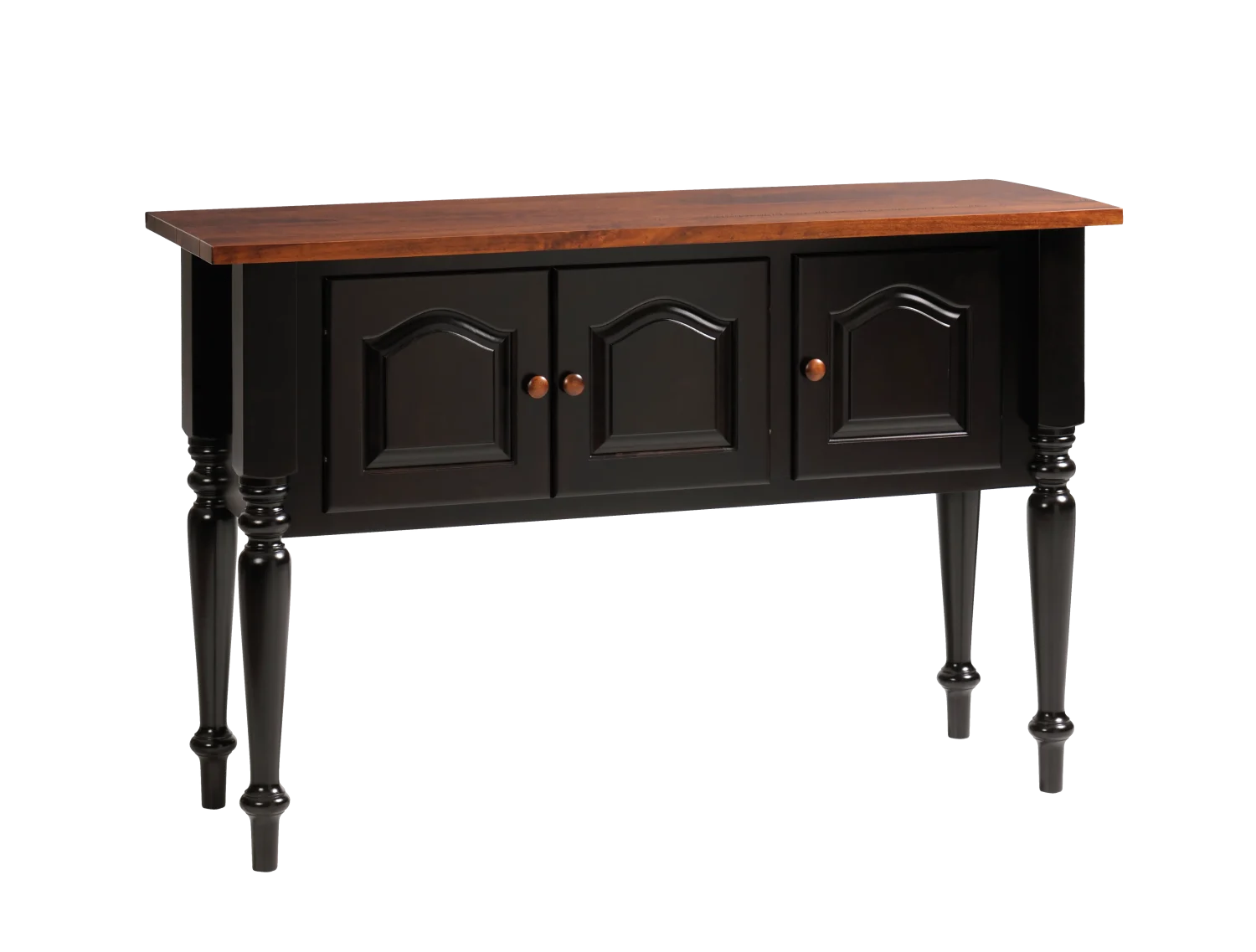 Amish Olympia server in black with raised-panel doors, turned legs, and a wood top.