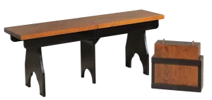 Amish Olympia extendable dining bench in black with a wood top, shown with its extension leaves.