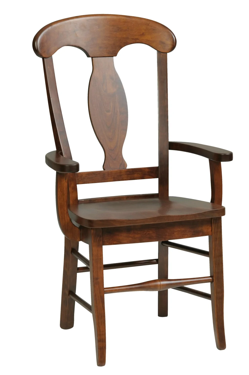 Amish Porter dining arm chair in cherry with a vase splat back and a wood seat.