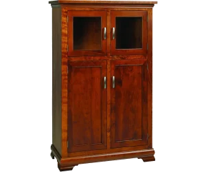 Amish Porter mini hutch in cherry with glass display doors over a two-door cabinet base.