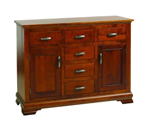Amish Porter buffet in cherry with two cabinet doors flanking a stack of four center drawers.