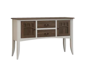 Amish Rockland server in a two-tone white finish with glass-and-wood cabinet doors and center drawers.