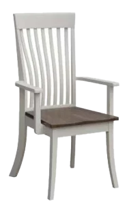 Amish Rockland dining arm chair in a two-tone white finish with a mission slat back and a dark seat.