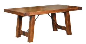 Amish Sadler Mission trestle dining table in rustic wood with a plank top and a metal turnbuckle stretcher.