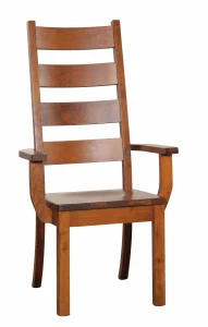 Amish Sadler Mission dining arm chair in cherry with a ladder back and a wood seat.
