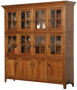 Amish Sadler Mission four-door hutch in cherry, a full unit with glass display doors over drawers and cabinet doors.