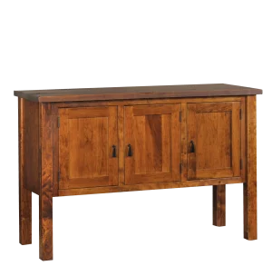 Amish Sadler Mission server in rustic cherry with two cabinet doors and a plank top.