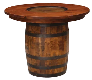 Amish Barrel 48-inch round pub table with a whiskey-barrel base and an inlaid top.