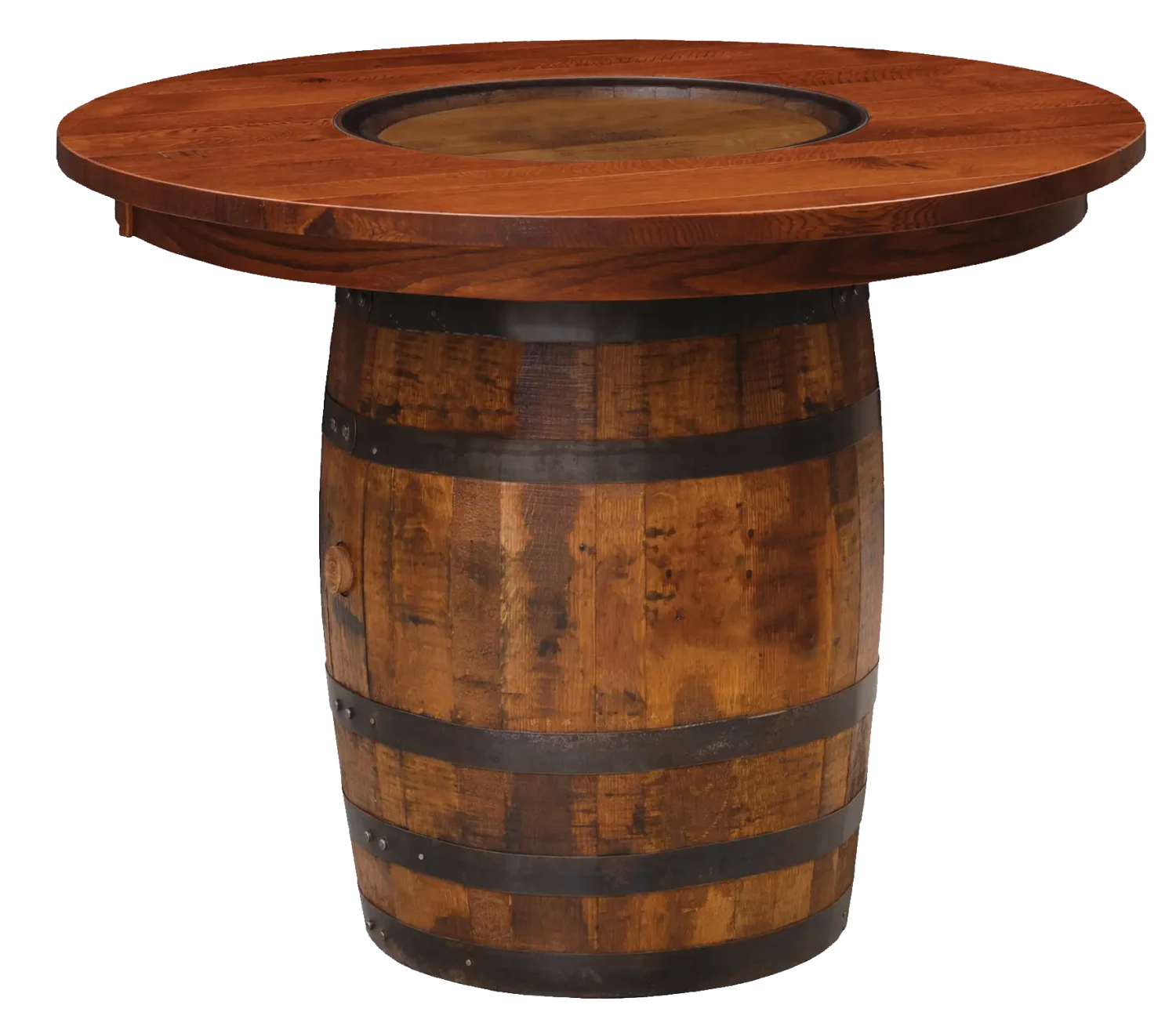 Amish Barrel 54-inch round pub table with a whiskey-barrel base and an inlaid top.