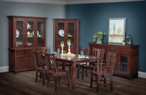 Amish Arlington dining collection shown in a furnished blue-walled room with a dark cherry table, chairs, hutch, and buffet.