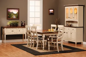 Amish Addison dining collection in a two-tone cream finish, shown with a table, chairs, and a hutch-topped buffet.