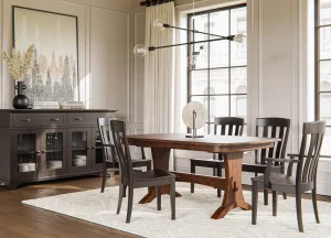 Amish Brookport dining collection shown with a cherry oval table, chairs, bench, and dark buffets.