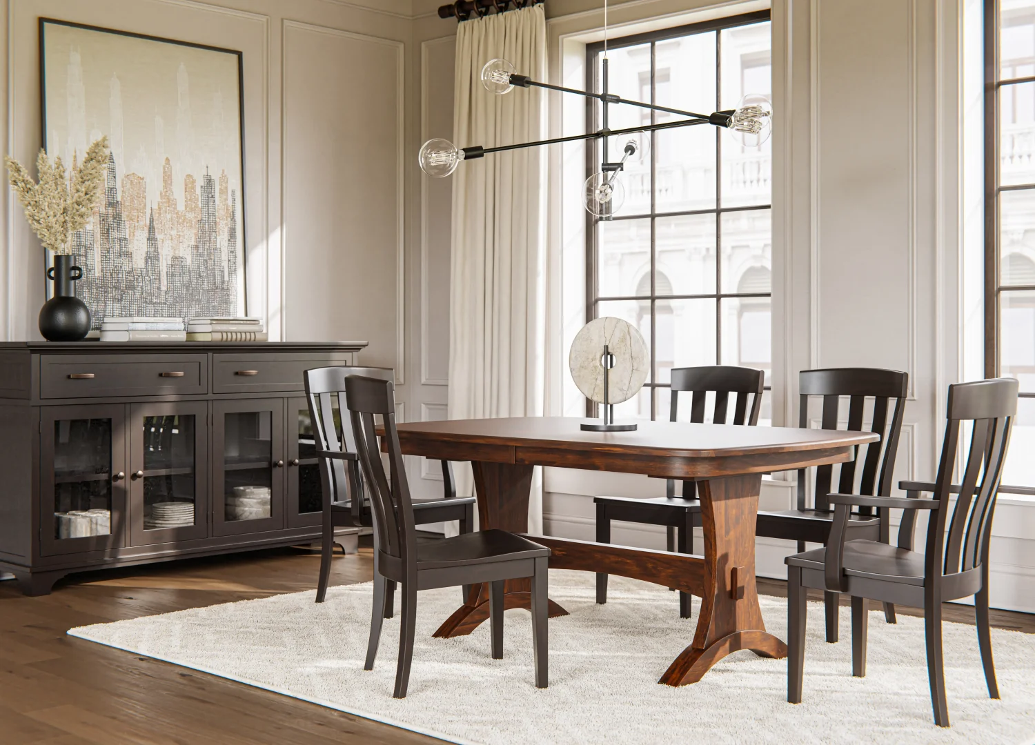 Amish Brookport dining collection shown with a cherry oval table, chairs, bench, and dark buffets.