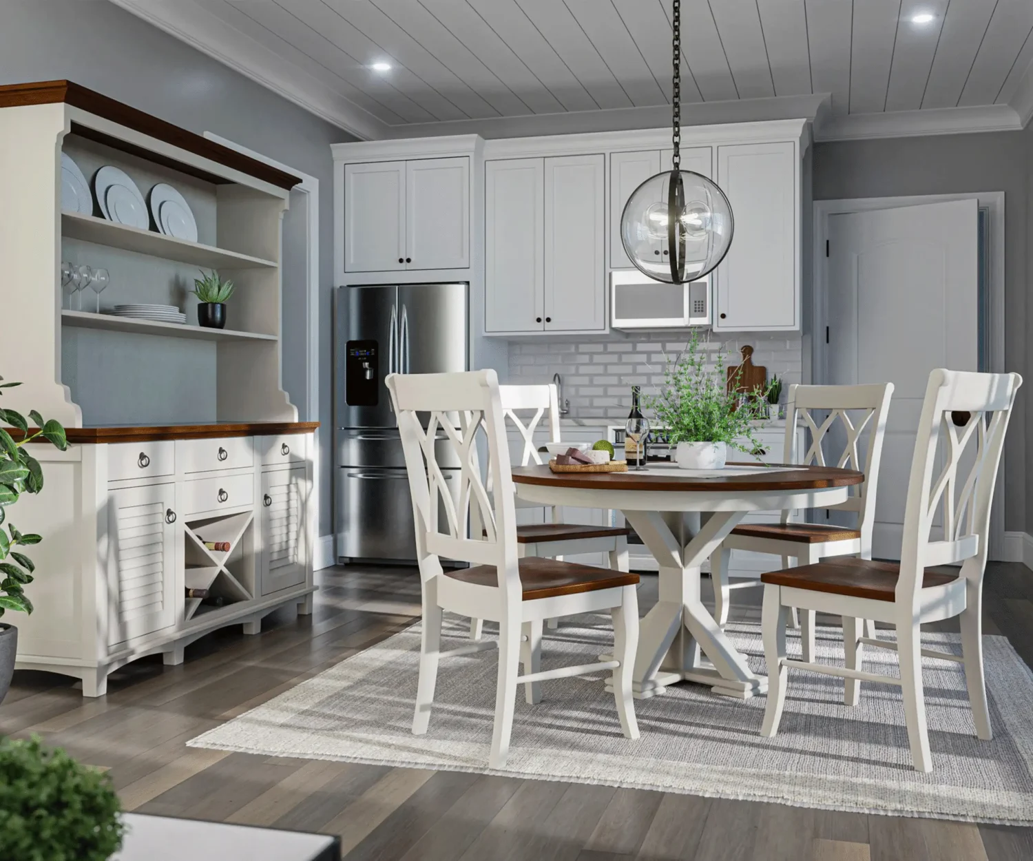 Amish Glendale dining collection in two-tone white, shown with a round table and chairs in a modern kitchen.