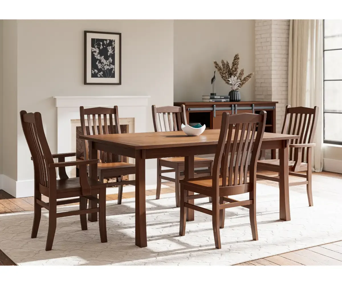 Amish Lynnfield dining collection in warm brown wood, shown with a table and chairs in a neutral room.