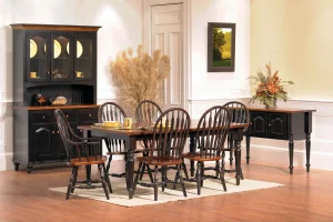 Amish Olympia dining collection in black, shown with a Windsor-style table, chairs, and hutch.