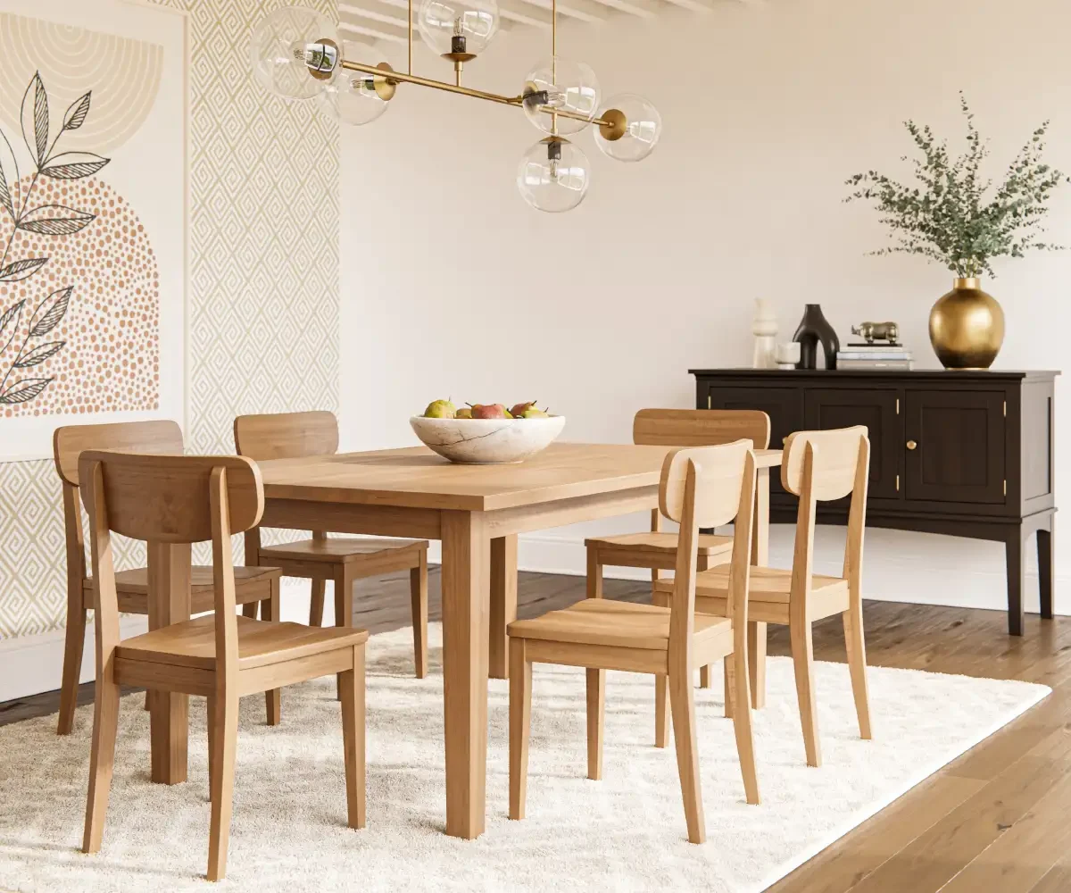 Amish Richville dining collection in light natural wood, shown with a modern table and chairs.