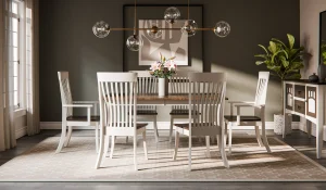 Amish Rockland dining collection in a two-tone white finish, staged with a table and chairs.