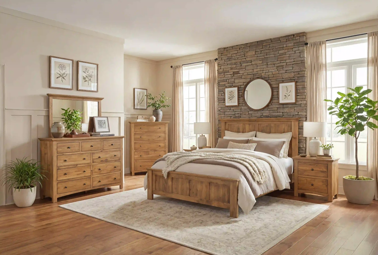 Amish Canton bedroom collection staged in a room with a golden-oak bed, dressers, and nightstands by a stone fireplace.