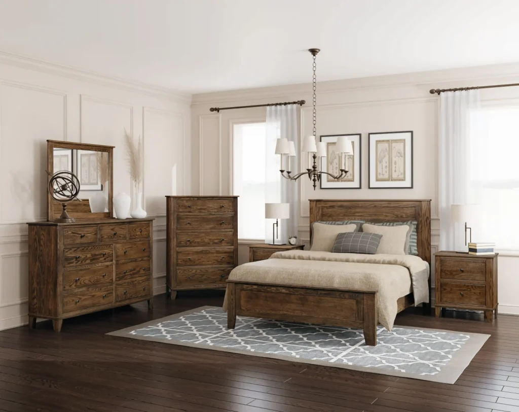 Amish Madison bedroom collection staged in a bright bedroom with a rustic-oak bed, dressers, and nightstands.
