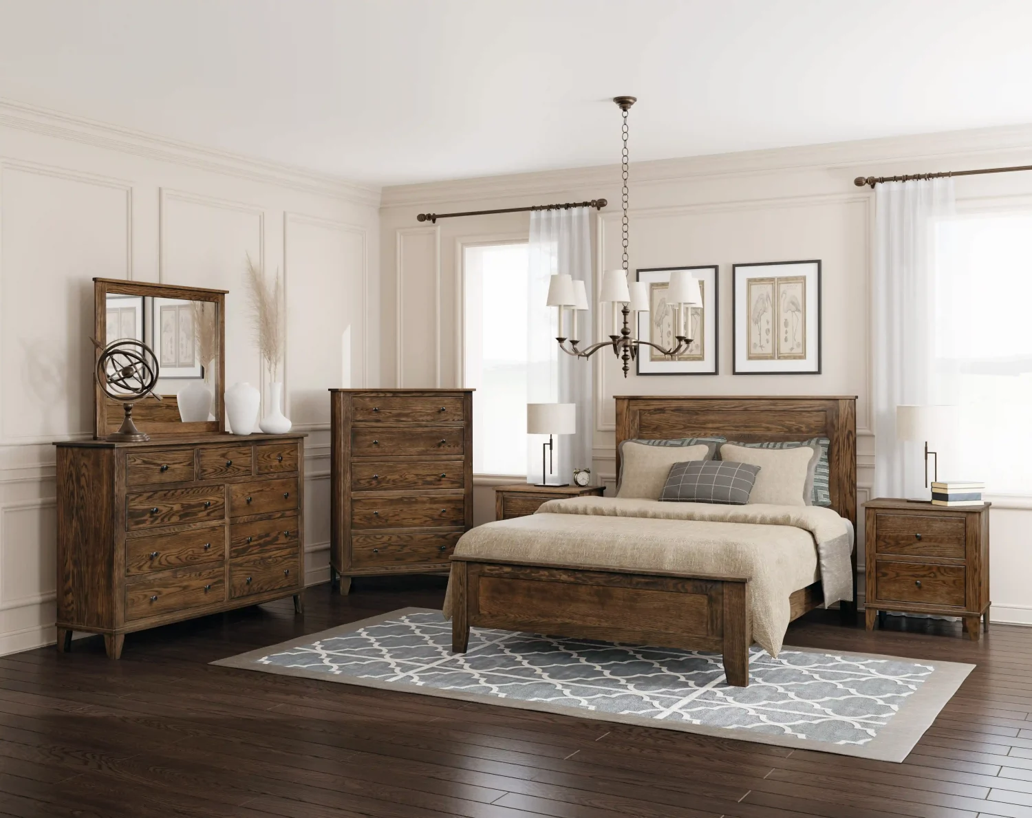 Amish Madison bedroom collection staged in a bright bedroom with a rustic-oak bed, dressers, and nightstands.