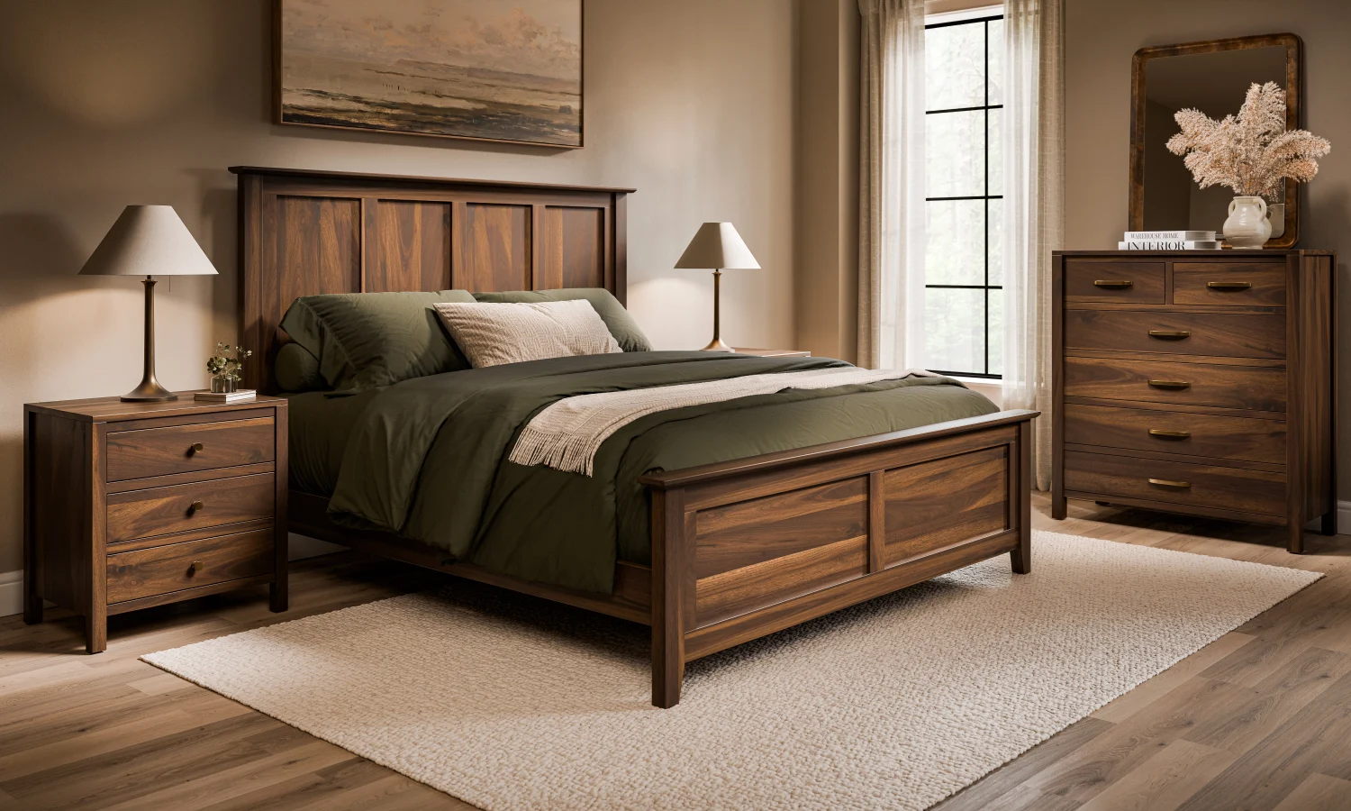 Amish Amanda bedroom collection staged in a room with a natural-oak bed, dressers, and nightstands.