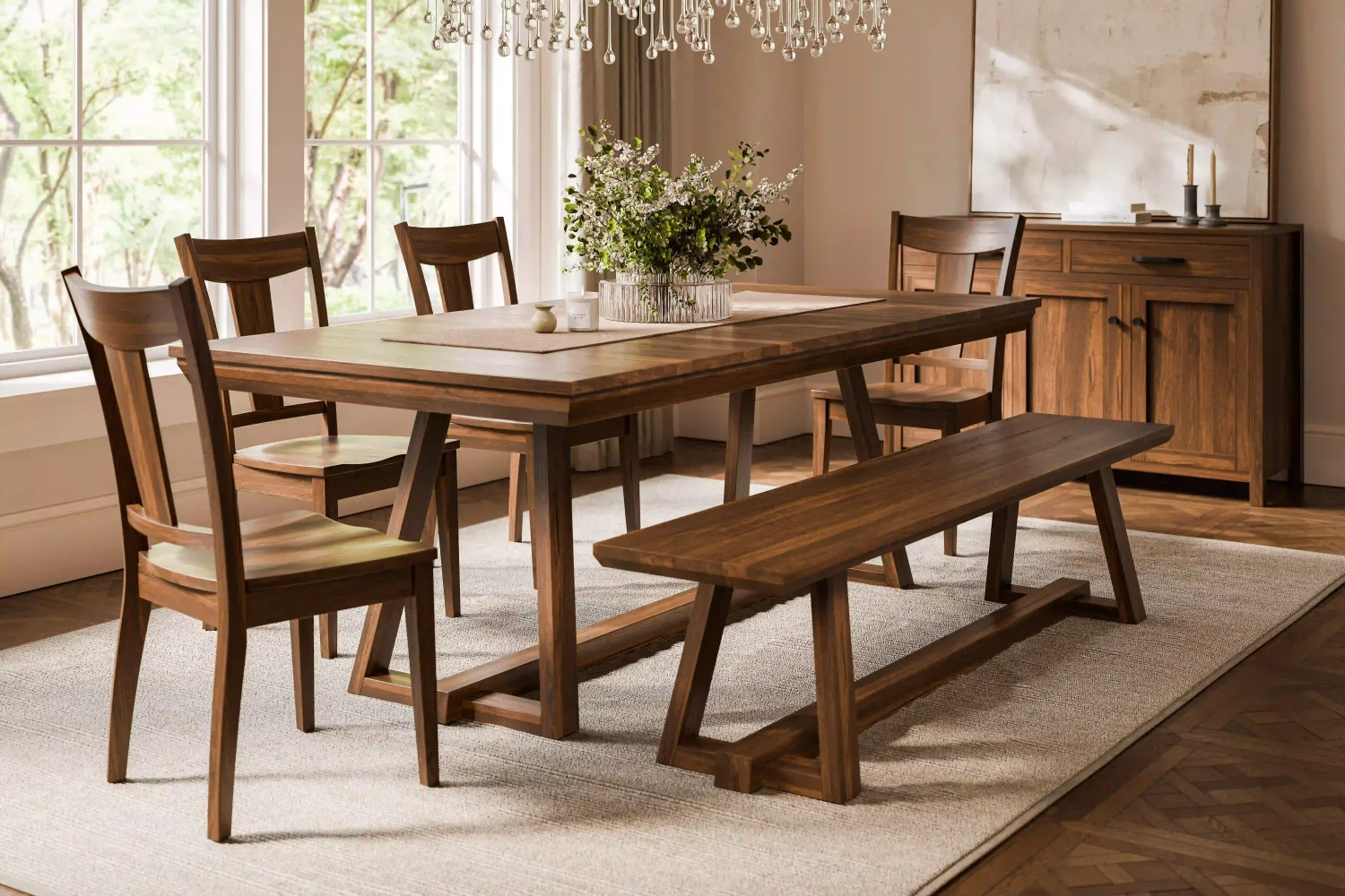 Amish Callowhill dining collection staged with a wood table, bench, chairs, and a server.