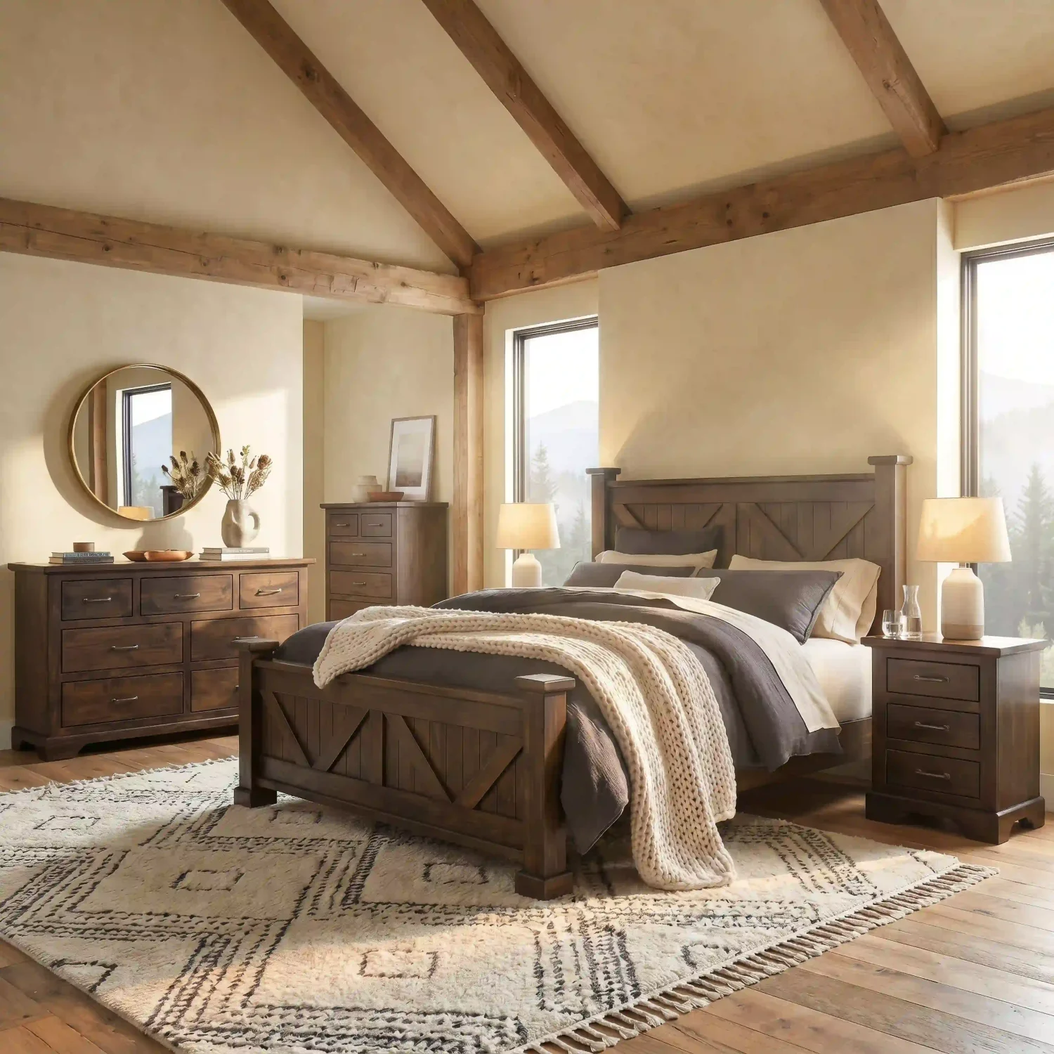 Amish Kimberley bedroom collection staged in a room with a weathered gray barn-wood bed, dressers, and nightstands.