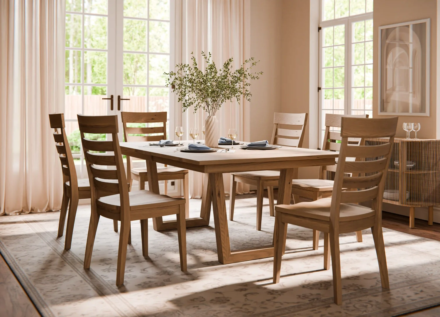 Amish Lindsey dining collection staged with an oak trestle table and slat-back chairs in a bright room.