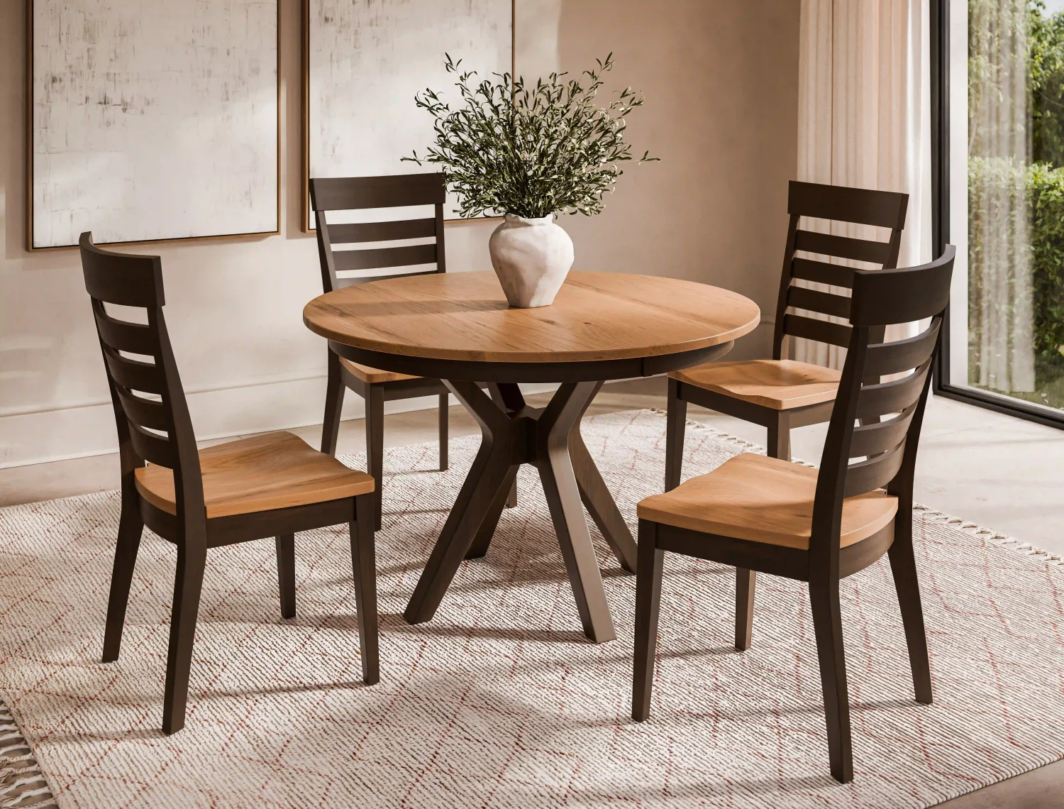 Amish Madison single-pedestal dining collection staged with a round two-tone table and ladder-back chairs.