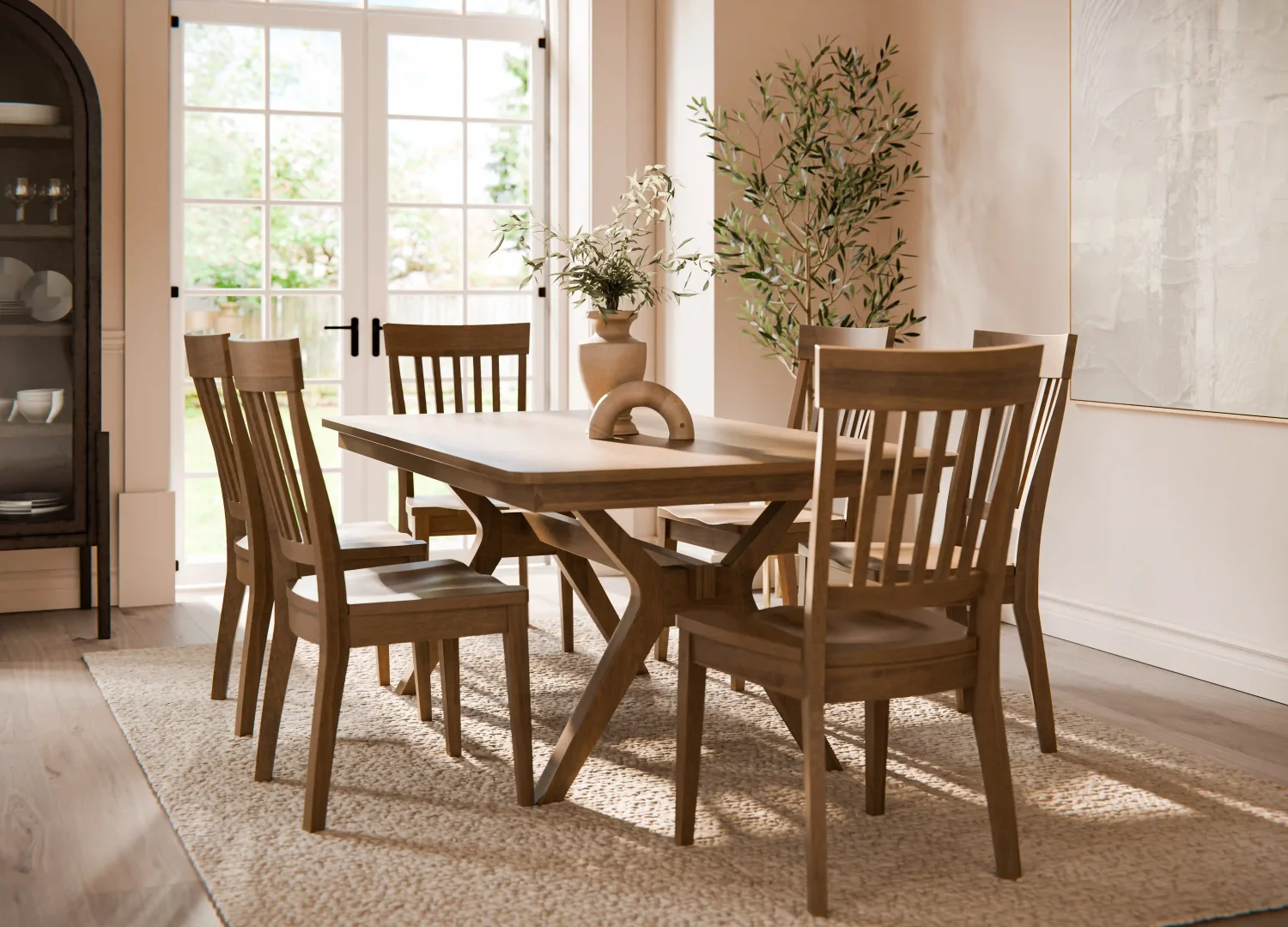 Amish Madison trestle dining collection staged with an oak trestle table and matching chairs in a bright room.