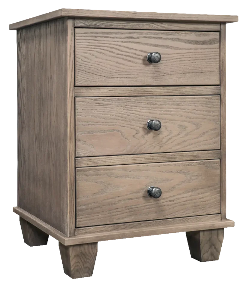 Amish Kensington Nightstand with 3 Drawers - Oak, FC-11434 Driftwood, Silver Knobs, A4485-WID Amish Kensington Nightstand with 3 Drawers - 017-ZTC0354
