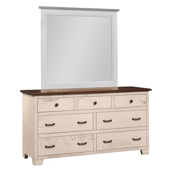 Amish Easy Tymes Double Dresser Only - Rustic Brown Maple, OCS117 Asbury, Rustic Brown Maple, OCS341 White W/ Ant. Grey Glaze, Bronze Knobs, K6303-DMAC, Bronze Pulls, K6373-DMAC Amish Easy Tymes Double Dresser Only - 017-ZTC0845