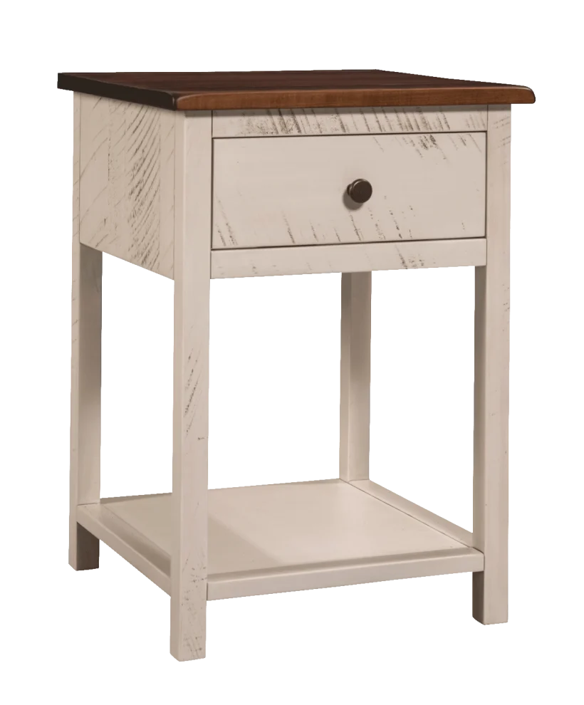 Amish Easy Tymes 1-Drawer Nightstand - Rustic Brown Maple, OCS117 Asbury, Rustic Brown Maple, OCS341 White W/ Ant. Grey Glaze, Bronze Knobs, K6303-DMAC Amish Easy Tymes 1-Drawer Nightstand - 017-ZTC0850