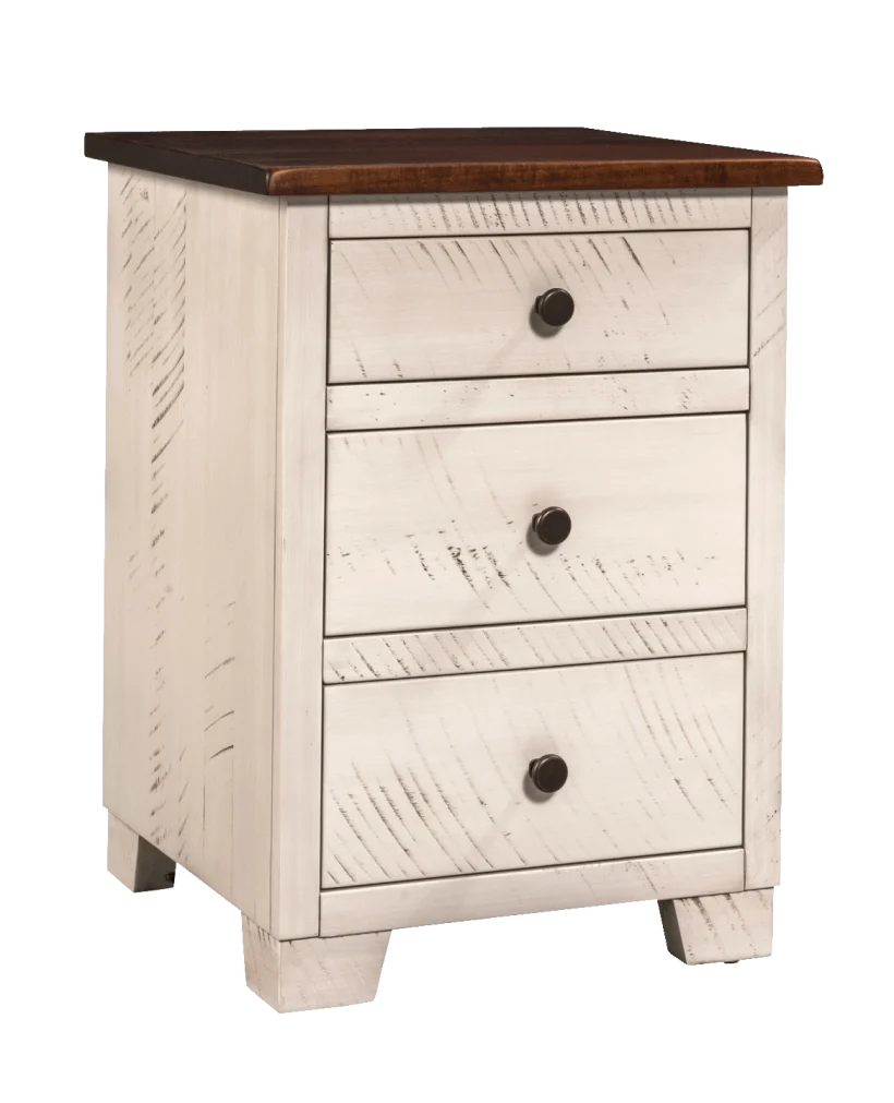 Amish Easy tymes 3-Drawer Nightstand - Rustic Brown Maple, OCS117 Asbury, Rustic Brown Maple, OCS341 White W/ Ant. Grey Glaze, Bronze Knobs, K6303-DMAC Amish Easy tymes 3-Drawer Nightstand - 017-ZTC0854