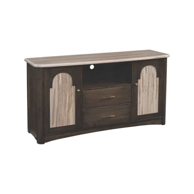Amish Parkview TV Stand - Wormy Maple, OCS131 Frost, Brown Maple, Warm Toffee, Gold Pulls, 26201-BBZ, Gold Knobs, K802-AE Amish Parkview TV Stand - 017-ZTC4293-M