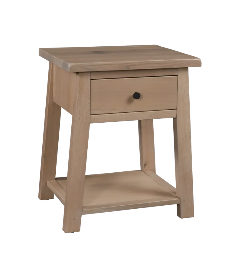 Amish Chloe 1 Drawer Nightstand with Shelf - Rustic QSWO, Sea Drift, Black Knobs, 55272-BBR Amish Chloe 1 Drawer Nightstand with Shelf - 017-ZTC5850