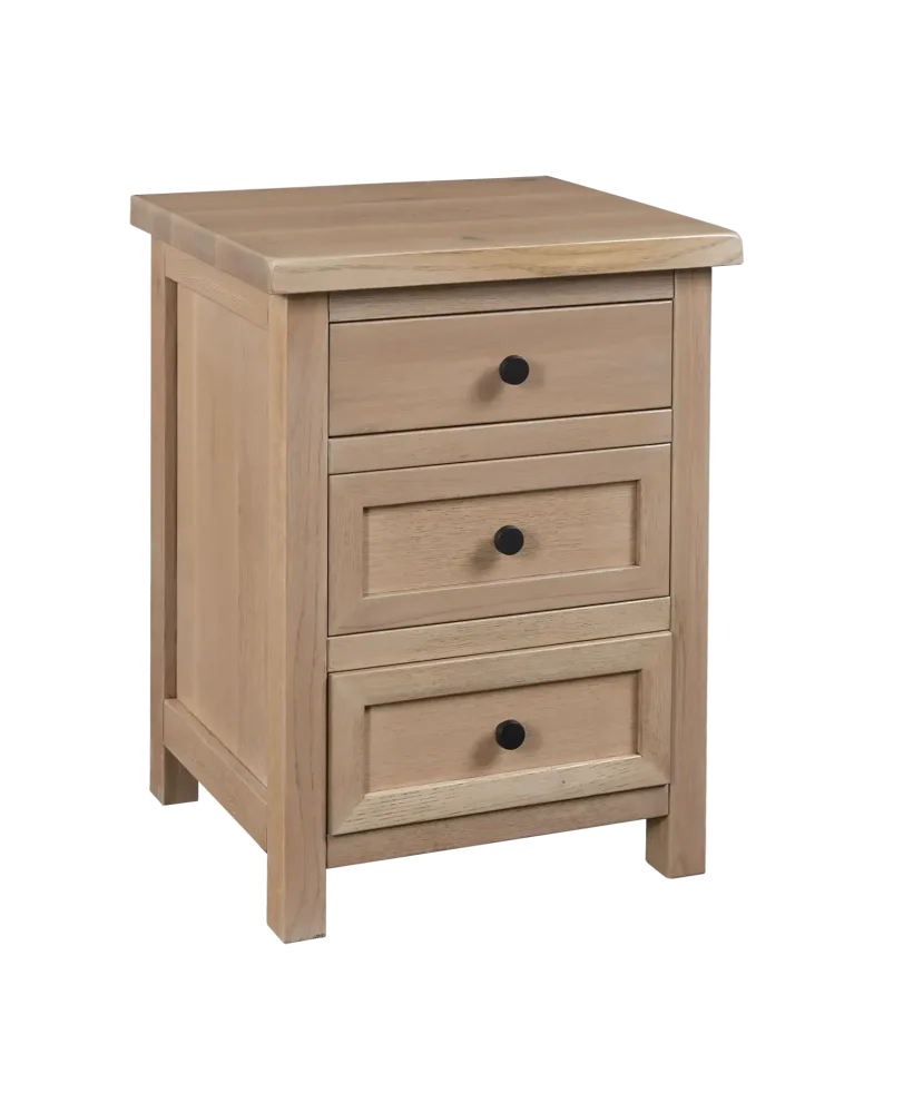 Amish Chloe 3 Drawer Nightstand - Rustic QSWO, Sea Drift, Black Knobs, 55272-BBR Amish Chloe 3 Drawer Nightstand - 017-ZTC5854
