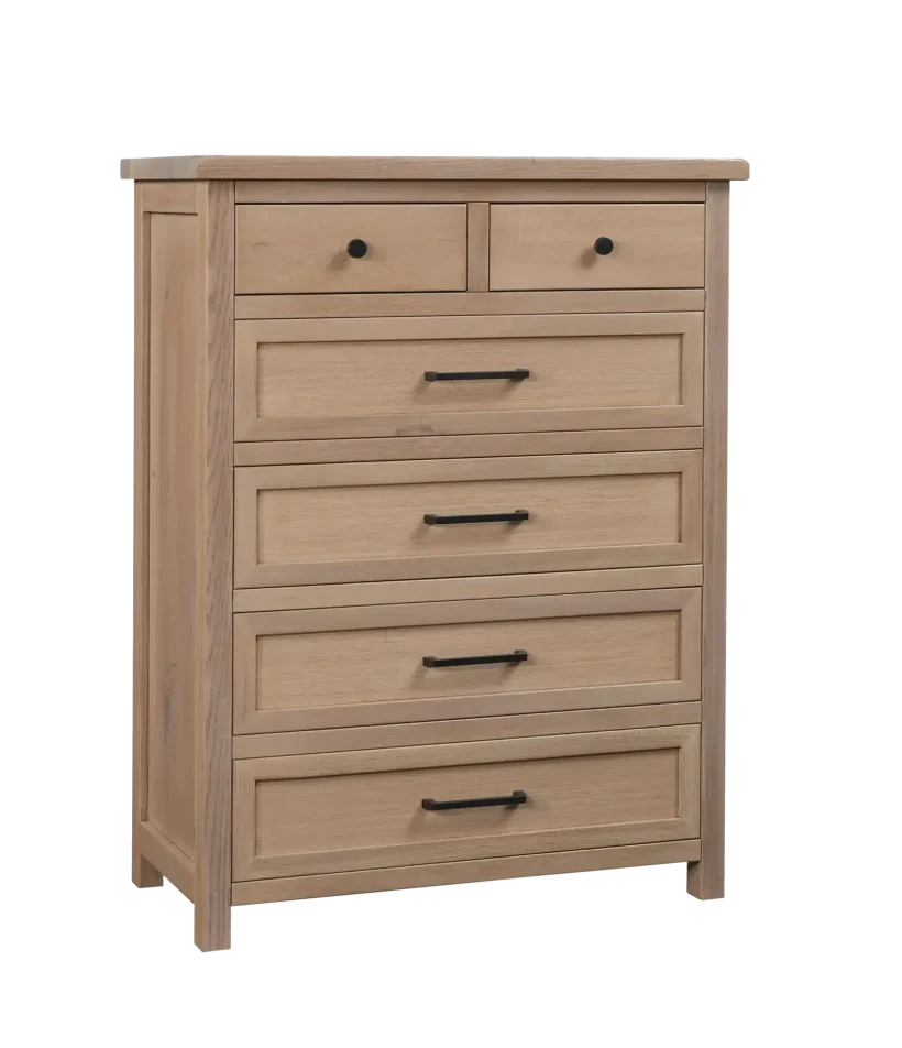 Amish Chloe 6 Drawer Chest - Rustic QSWO, Sea Drift, Black Knobs, 55272-BBR, Black Pulls, 55277-BBR Amish Chloe 6 Drawer Chest - 017-ZTC5864