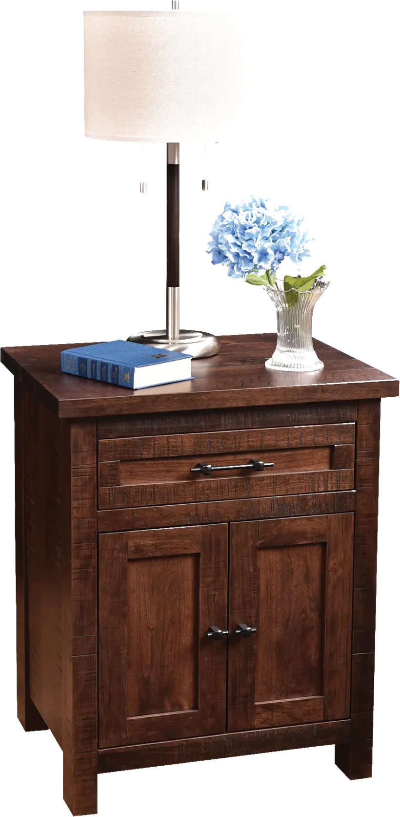 Amish Denali Nightstand with 1 Drawer, 2 Doors - Brown Maple, OCS106 Acres, Black Pulls, K558-BL, Black Knobs, K58-BL Amish Denali Nightstand with 1 Drawer, 2 Doors - 017-ZTC6453