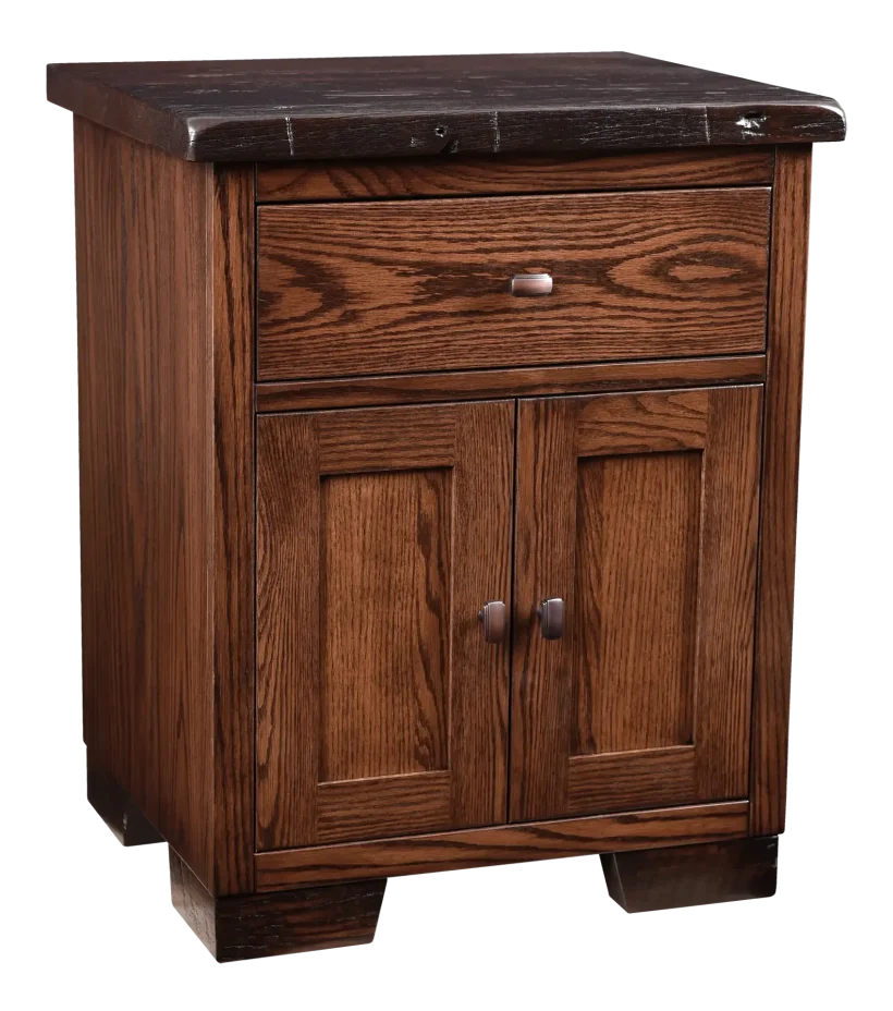 Amish Farmhouse Heritage 1 Drawer 1 door Nightstand - Reclaimed Oak, OCS117 Asbury, Oak, OCS117 Asbury, Bronze Knobs, K519-DBAC, Bronze Knobs, K519-DBAC Amish Farmhouse Heritage 1 Drawer 1 door Nightstand - 017-ZTC9353-O