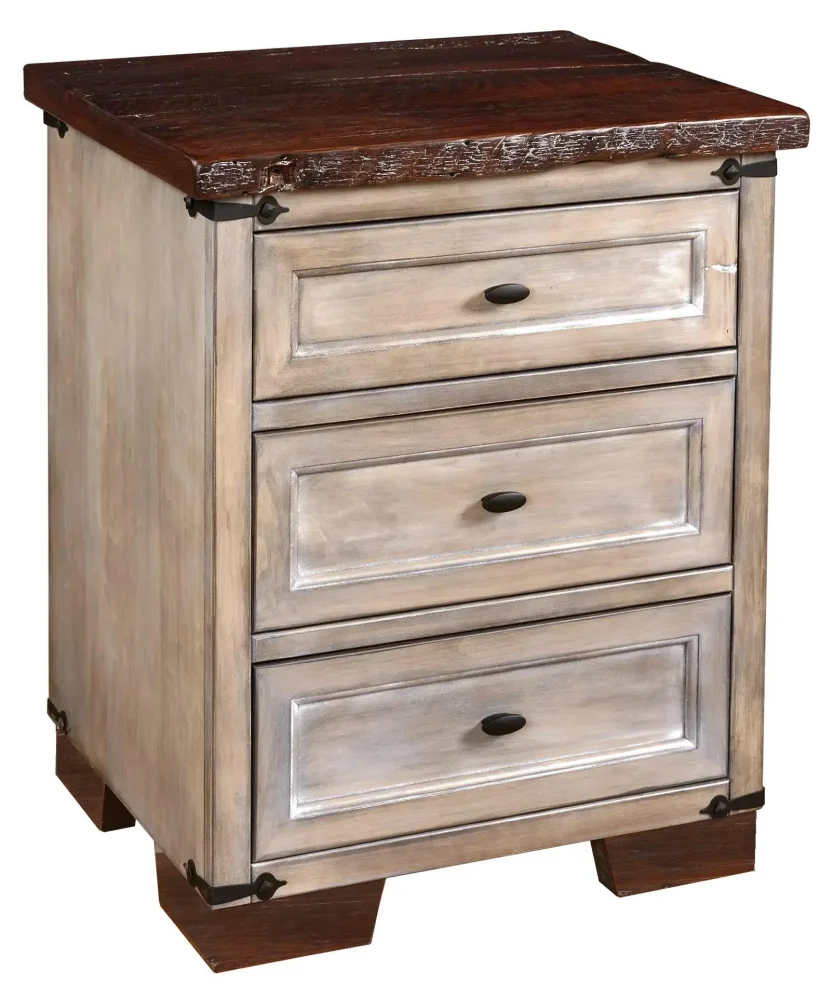 Amish Farmhouse Heritage 3 Drawer Nightstand - Reclaimed Oak, OCS117 Asbury, Rustic Cherry, London Fog, Black Knobs, A53016-FB Amish Farmhouse Heritage 3 Drawer Nightstand - 017-ZTC9354-O