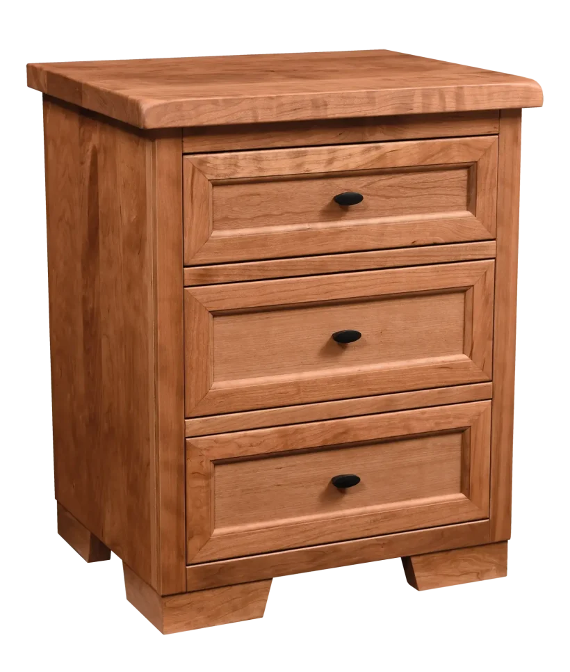 Amish Farmhouse 3 Drawer Nightstand - Rustic Cherry, OCS104 Seely, Black Knobs, A53016-FB Amish Farmhouse 3 Drawer Nightstand - 017-ZTC9354