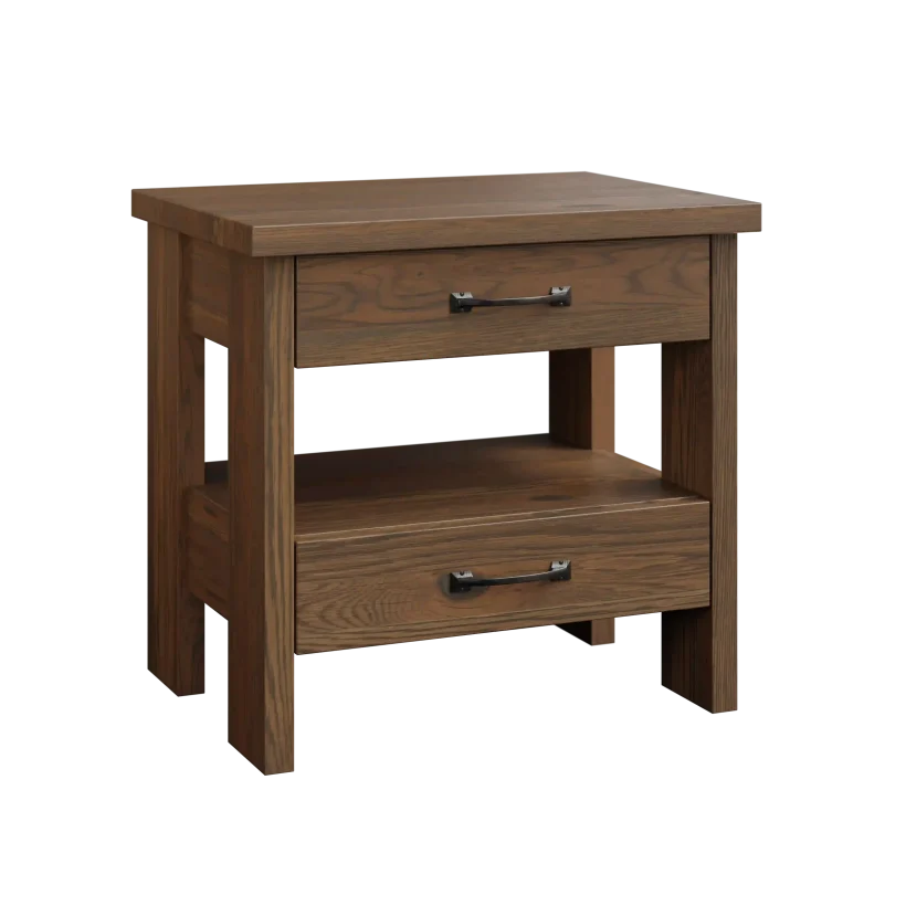 Amish Cheyenne Solid Hardwood Bedroom 2-Drawer Nightstand with Open Shelf - No, , , , , Rustic White Oak, FC29987 R-R, Black Pulls, BO56649-BI Amish Cheyenne Solid Hardwood Bedroom 2-Drawer Nightstand with Open Shelf - 281-528-595551