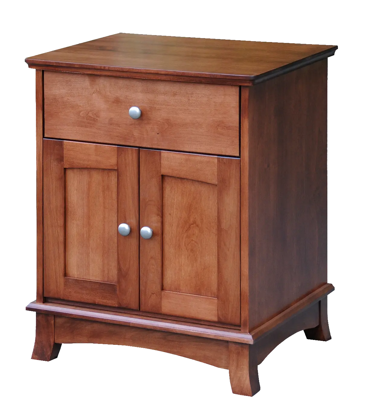 Amish Crescent Nightstand with 1 Drawer, 2 Doors - Brown Maple, FCN3173 New Carrington, Silver Knobs, HOK-22129, Silver Knobs, HOK-22129 Amish Crescent Nightstand with 1 Drawer, 2 Doors - 017-ZTC053