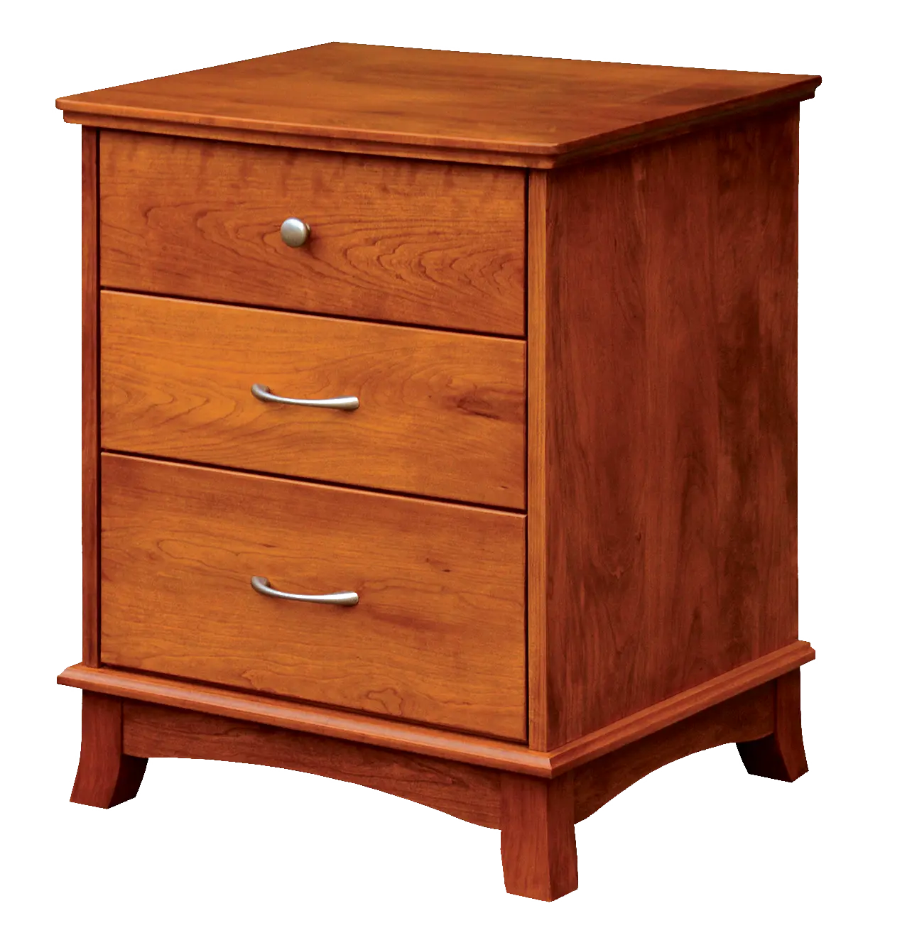 Amish Crescent Nightstand with 3 Drawers - Cherry, OCS108 S-14, Silver Knobs, HOK-22129, Silver Pulls, HOK-22173 Amish Crescent Nightstand with 3 Drawers - 017-ZTC054