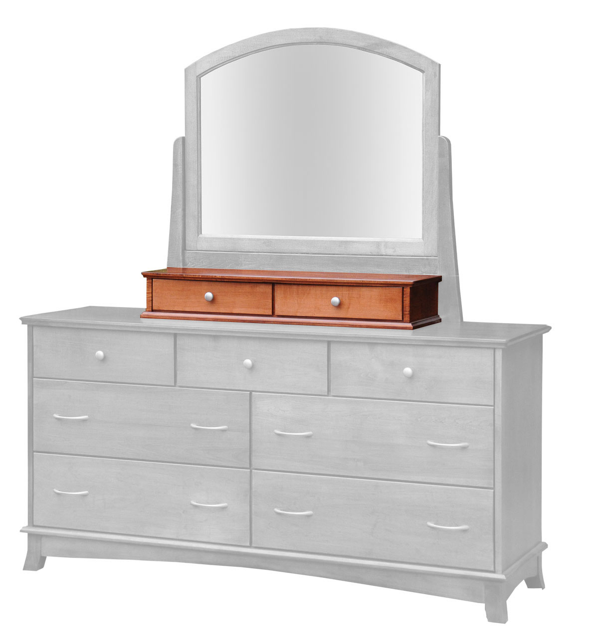 Amish Crescent 2 Drawer Jewelry Box with Mirror Harp’s - Cherry, OCS108 S-14, Silver Knobs, HOK-22129 Amish Crescent 2 Drawer Jewelry Box with Mirror Harp’s - 017-ZTC091