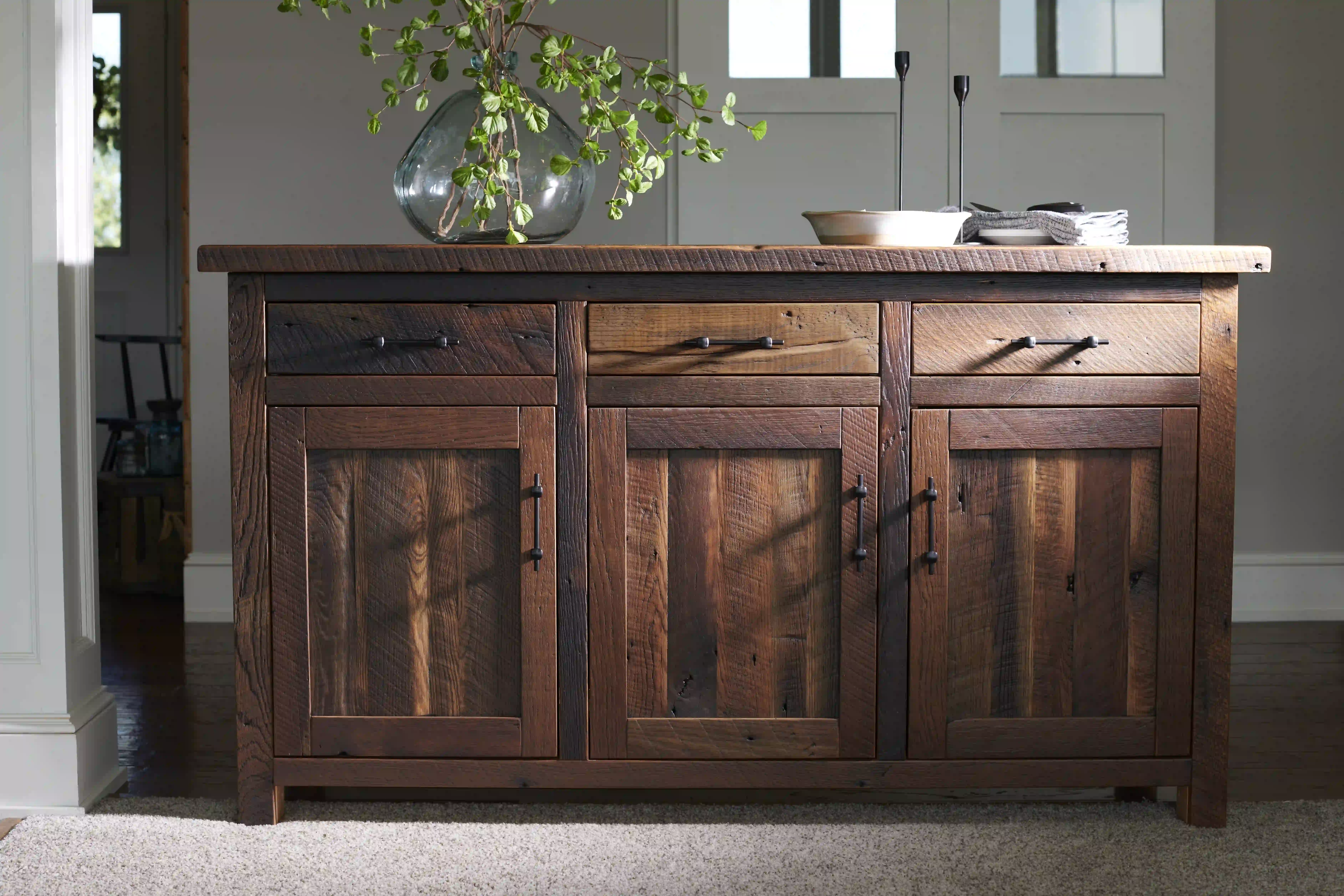 Amish Bristol Solid Hardwood Dining Server - No, , , , , Barnwood, 3 Glaze, Black Pulls, K558-BL, Black Pulls, K558-BL Amish Bristol Solid Hardwood Dining Server - 281-534-695597